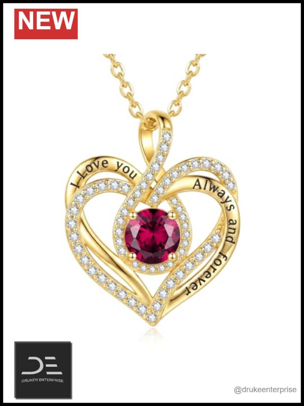 14K Gold Plated Heart Birthstone Pendant Necklace, July Ruby, Adjustable